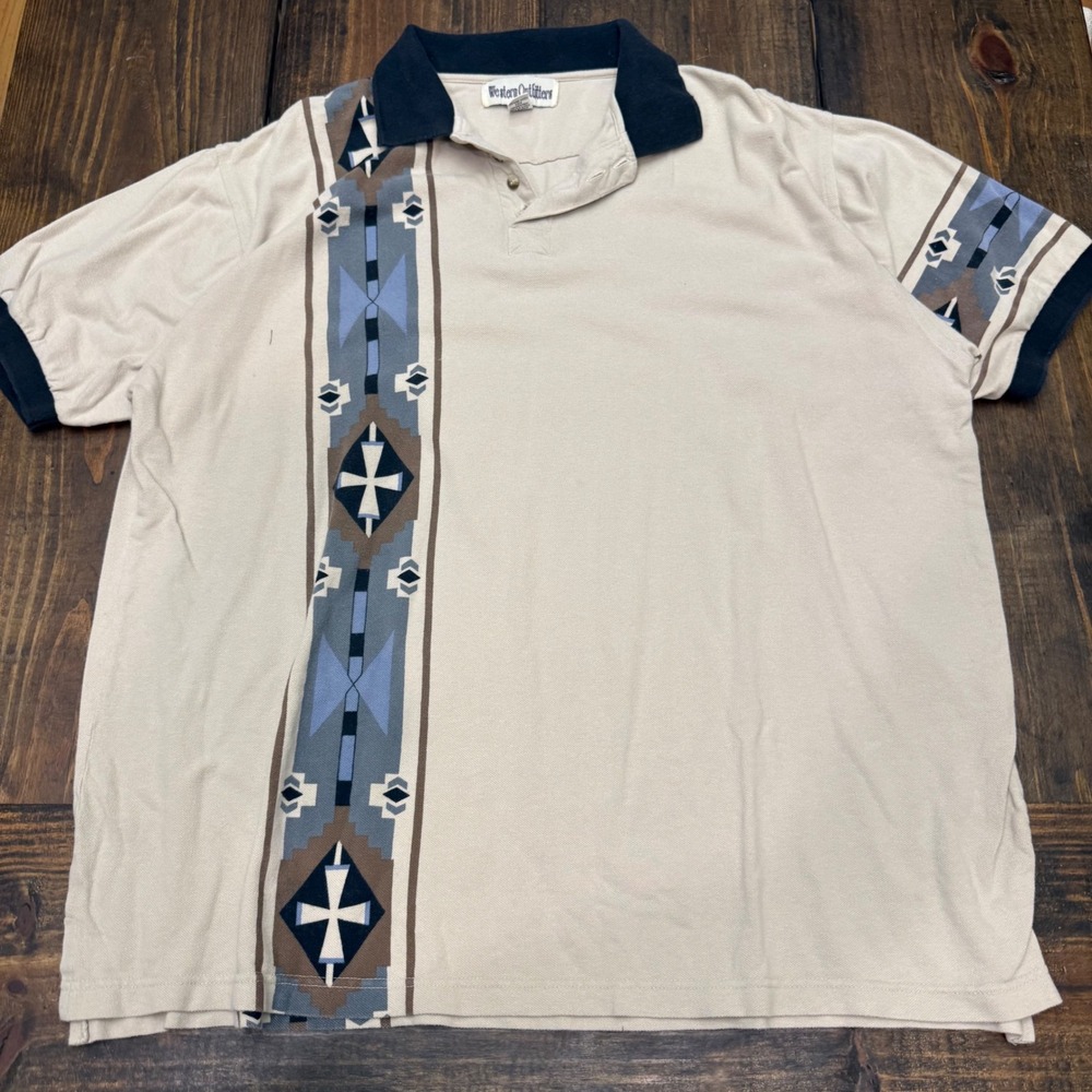 Western Outfitters Mens XL Tan Southwestern Geometric Cotton‎ Polo Shirt Vintage
